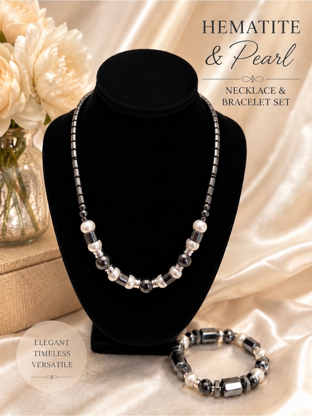Hematite & Faux Pearl Beaded Necklace and Bracelet Set